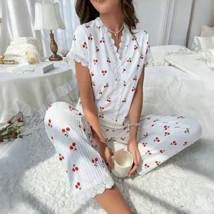 European and American Style Home Wear Cherry Print Short Sleeve Turn-Down Collar Pajamas for Women, Wearable Outside, Long Pants Two-Piece Set