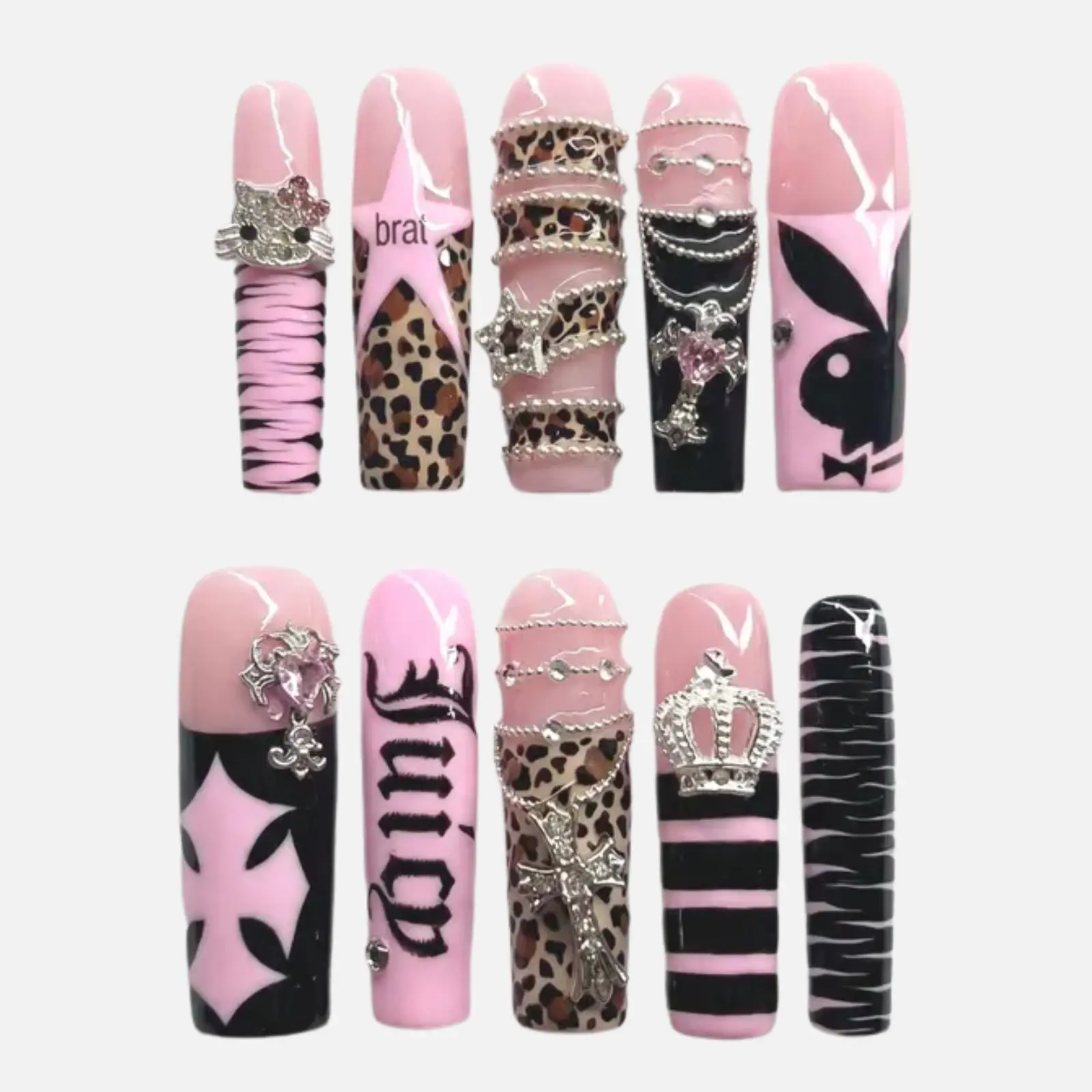 Pink Y2K Press On Nails | Black Bunny Crown Star Chain Design | Leopard Print, Chrome Cross, Chain Charm & McBling Glam Nail Set