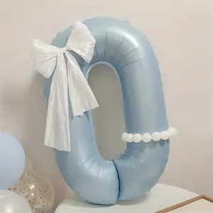 5pcs/Set 40-inch Large Light Blue Number Foil Balloons 0-9 with White Bows and Long Balloon Adhesive Dots Suitable for Birthday Theme Parties, Anniversary Celebrations, Weddings, Christmas, New Year Parties, and Balloon Decorations Supplies