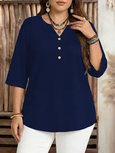 Women's Plus Size V-Neck T-Shirt, Basic, Loose Fit, Button Design, Round Hem, Belly Conceal, Summer Casual Top, Daily Wear, Office