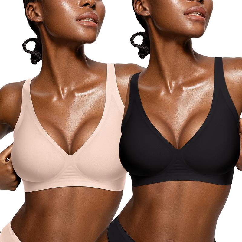 OEAK 2PCS Womens Jelly Bras Comfortable Wireless Soft Bralettes Seamless Tshirts Bras Deep V Everyday Bras