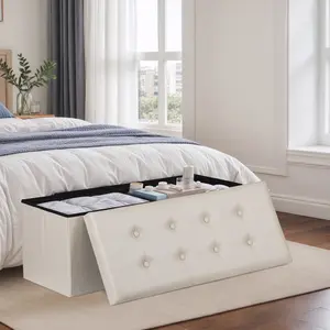 ZENY 43'' Storage Ottoman Bench Faxu Leather Foldable Footrest Stool 660lbs W/Divider, Beige