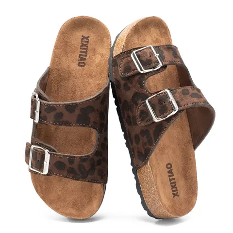 xixitiao Women's Leopard Flats Sandals - Cork Insole Sandals, Open Toe Slides for Women, Adjustable Double Buckles Slip-On for Summer Beach Casual Walking