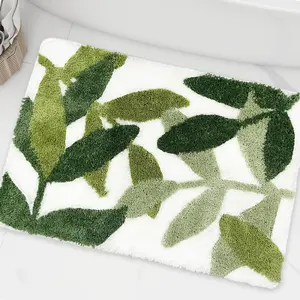 Bathroom Rugs - Green Bath Rug Non Slip  Water Aabsorbent Leaves Plush Microfiber Small Bathroom Rug Leaf Shower Mat Cute Green Bath Mat Doormat 17.5 X 25.5 in