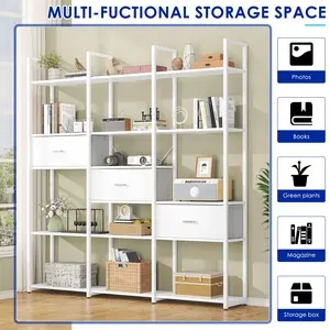 Industrial 73.6-in Tall Triple-Wide Bookcase - 16 Open Display Storage Shelves, 3 Drawers - Large Indoor Furniture for Home, Office