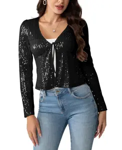 Women's Tie Front Long Sleeve Sequin Shrug Cardigan Crop Top Sparkly Glitter Cropped Bolero Jackets