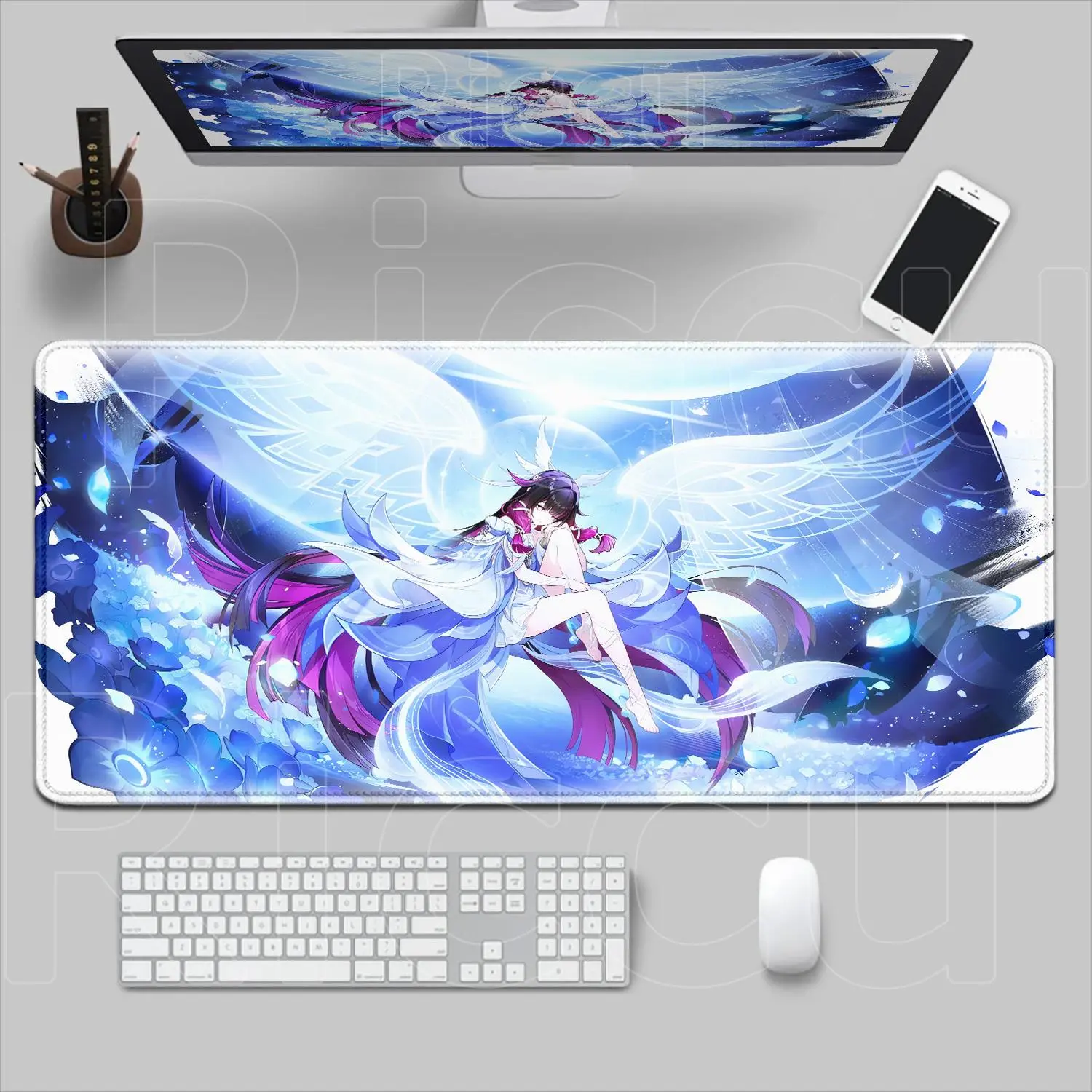 Kawaii Genshin Impact Columbina Cloth Mouse Pad, Large Gaming Mousepad with Locking Animal Edge, Dirt-Resistant Fabric, Non-Slip Bottom Surface for Computer & Laptop Desk Mat, Don-Slip Bottom Surface