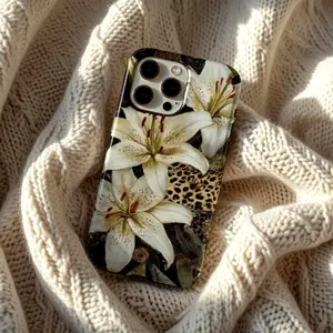Durable white lily pattern phone case, luxurious leopard print botanical phone case, suitable for iPhone 17/16/15/14/13, providing full protection.