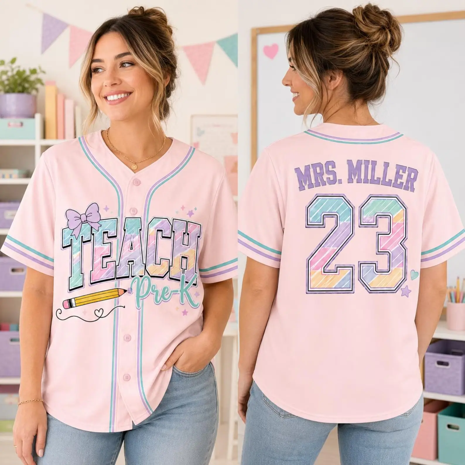 Personalized Teacher School Spirit Jersey, Custom Name Baseball Tee, Back to School Teacher Shirt, Elementary Teacher Gift sohochic