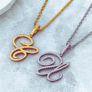 Polair Gold or Silver Initial Necklace Cursive Letter Pendant Capital Monogram 20 inch Rope Chain Necklace Alphabets From A-Z Jewelry For Men Women Daily Wear