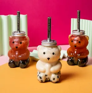 Bearology (Set of 3) Bearista Plastic Bear Cup with Stainless Steel Boba Straw Drinkware Bottle Reusable Washable Water Bottles Kids