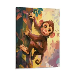 Cute Monkey Posters Wall Art Prints Natural Wildlife Animals Tree Watercolor Brown Canvas Posters Home Wall Art Family Bedroom Office Decor Aesthetic Festival Gift