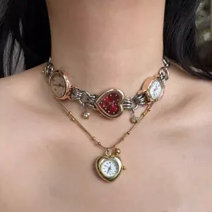 Handmade Elegant Heart Watch Necklace for Women featuring Double Heart and Star Pendants–Vintage-Inspired Choker with Y2K Cyberpunk Vibes, Aesthetic Statement Jewelry Perfect for Layering, Soft Girl or Edgy Street Style Outfits, Must-Have Viral Accessory