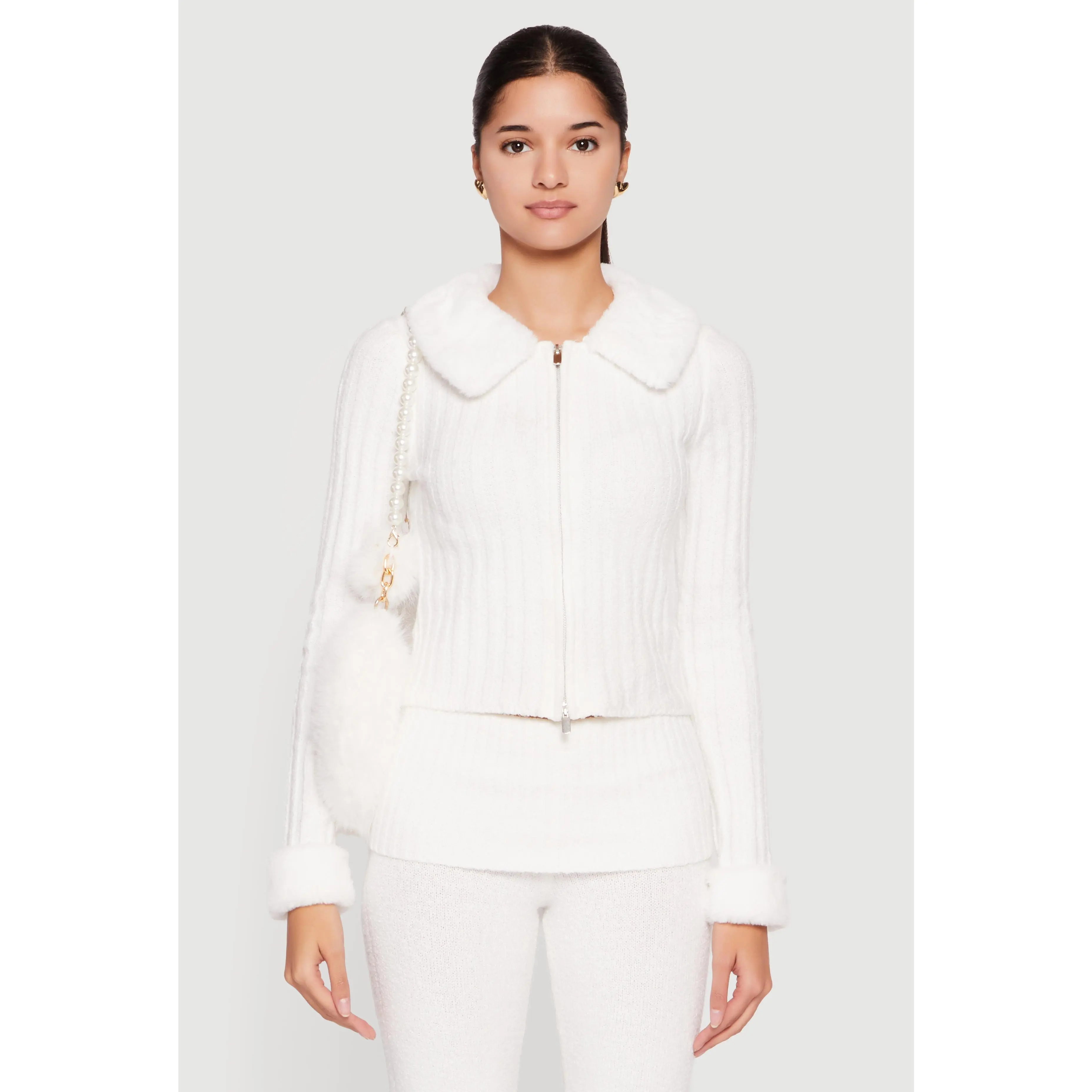 Zip Front Cardigan with Removable Faux Fur Collar and Cuffs