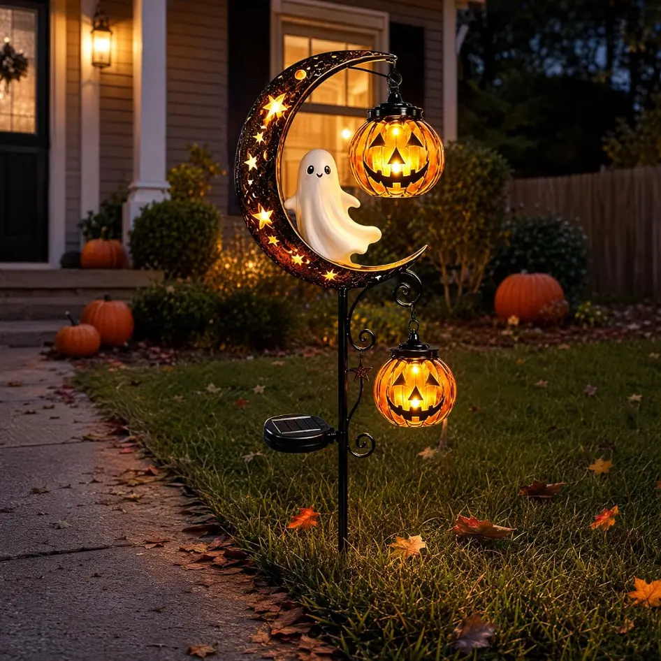 Solar Halloween Waterproof LED Garden Stake Lights - Metal Stake Decor with Spooky Ghost Lantern, Moon, Pumpkin, Witch Cauldron, Star for Pathway, Yd, Patio Party (Home Improvement Garden Supplies)