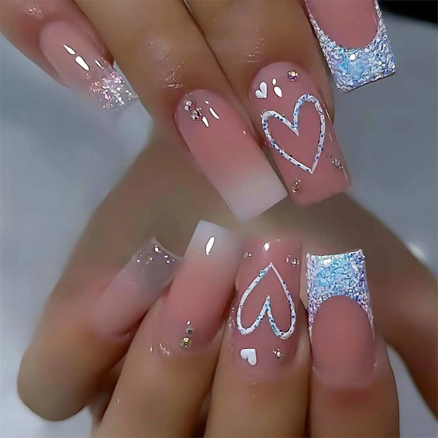Heart Press On Nails Medium Square Fake Nails Glitter Glossy Acrylic False Nails with Rhinestones Designs Ombre Pink Full Cover Press Ons Fall Winter Holiday Stick on Nails  Women 24Pcs