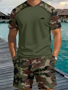 Men's Two-Piece Set, Short Sleeve and Shorts, Casual Sporty Style, Military Camouflage, Summer Daily Wear, All over Print