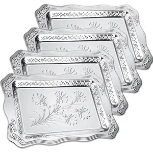 4 Pack 16.3" x 11.4" Large Silver Serving Trays for Dessert Table Stainless Steel Silver Platters Floral Engraved Mirror Serving Platters for Wedding, Cookies, Desserts, Party Food Display