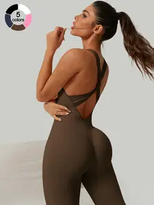 Women's Sporty Comfy Jumpsuit Cross-Strap Back Support, Seamless Ribbed High Elasticity, Wear-Resistant, Removable Padding, Show off Curves