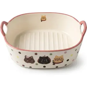 6.5 Inch Small Ceramic Baking Dish, 23 oz Au Gratin Dish with Handles, Deep Mini Casserole for Personal Lasagna, Cat Design, Dishwasher & Microwave Safe, 1 Pack