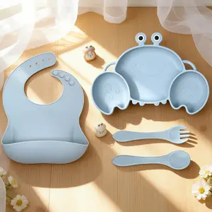 Baby Silicone Feeding Set, Crab Design Plate, Adjustable Silicone Bib, Food Grade Silicone Fork Spoon, 4pcs/set, Silicone Utensils