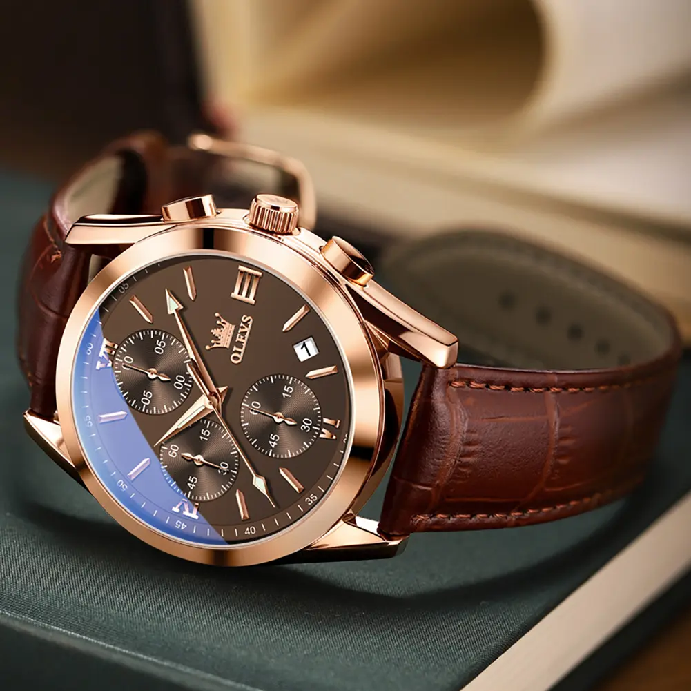 OLEVS Men's Chronograph Dress Watch with Leather Strap, Analog Quartz Movement, Luminous Pointers, Date Calendar and 30m Waterproof, Roundface, Steel&Leather, Sub-Dials