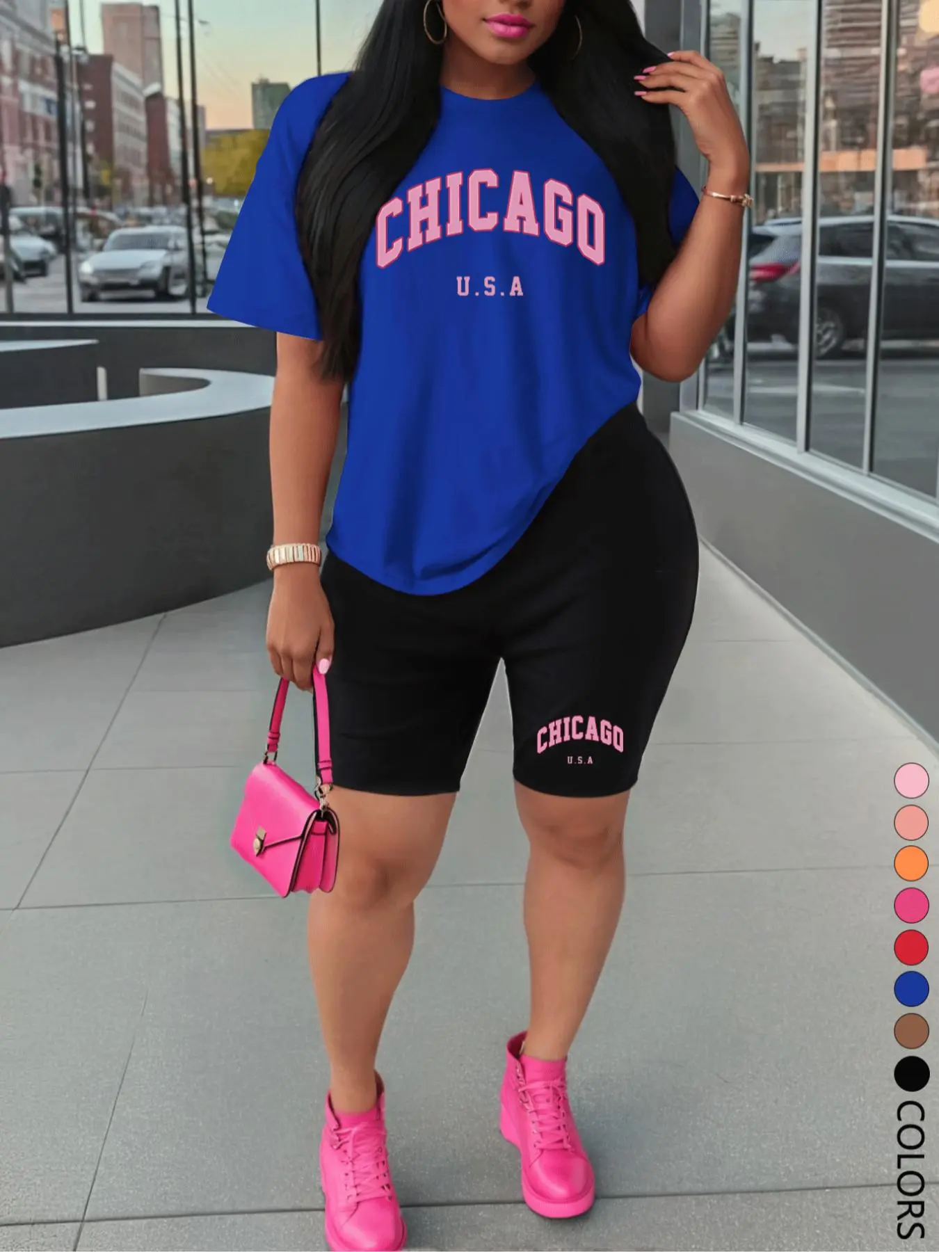 Two-piece Set Women's Chicago Letter Print Short Sleeve Tee & Skinny Shorts, Casual Round Neck T-shirt & Shorts for Daily Wear, Ladies Two-piece Outfits for All Seasons, Shortsleeve Clothes, Streetwear Set, Casual Lounge Set, Short Sets, Womenswear