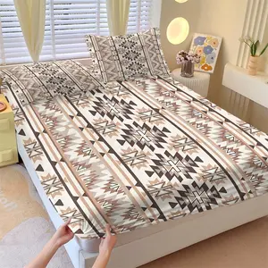 Navajo Style Fitted Sheet Set, 1 Mattress Cover and 2 Coreless Pillowcases, Rhombus Triangle Pattern Mattress Protector, Soft Anti-Slip Wrinkle-Resistant, Bohemian Bedroom Decor, Perfect Gift