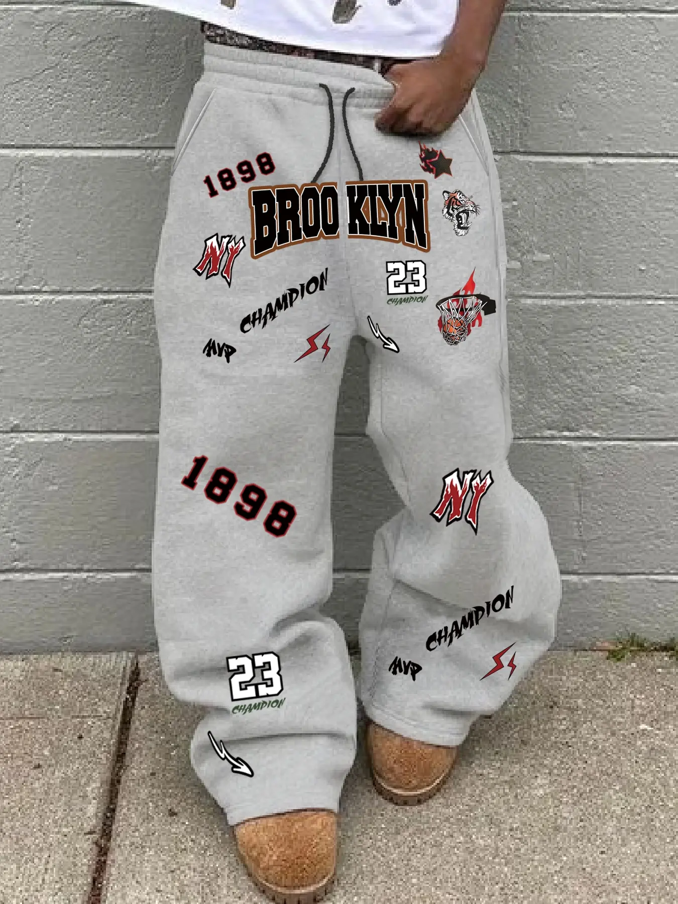 Men's Casual Street Style Sweatpants, Basketball Print Brooklyn Design, Comfortable Commuter Wear, Unisex Fashion Pants for Spring & Fall, Sports Bottoms, Outdoor Workout Sweatpants, Casual Athletic Pants, Athleisure Pants, Casual Sportswear Pants