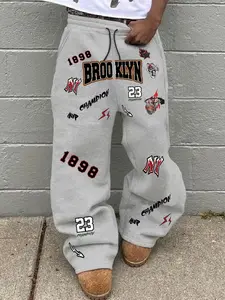 Men's Casual Street Style Sweatpants, Basketball Print Brooklyn Design, Comfortable Commuter Wear, Unisex Fashion Pants for Spring & Fall, Sports Bottoms, Outdoor Workout Sweatpants