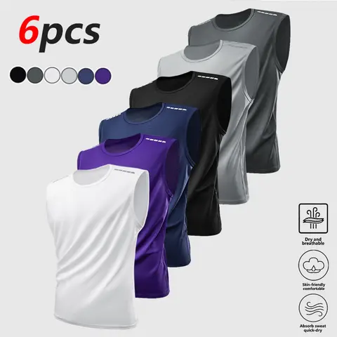 Clean Gent Men's 6-Pack Solid Color Crew Neck Sleeveless Sports Tank Top, Breathable, Quick Dry, Moisture-Wicking Tank, Suitable for Running, Outdoor Activities, Basketball Practice, and More, Summer Athletic Apparel, Gym Clothing
