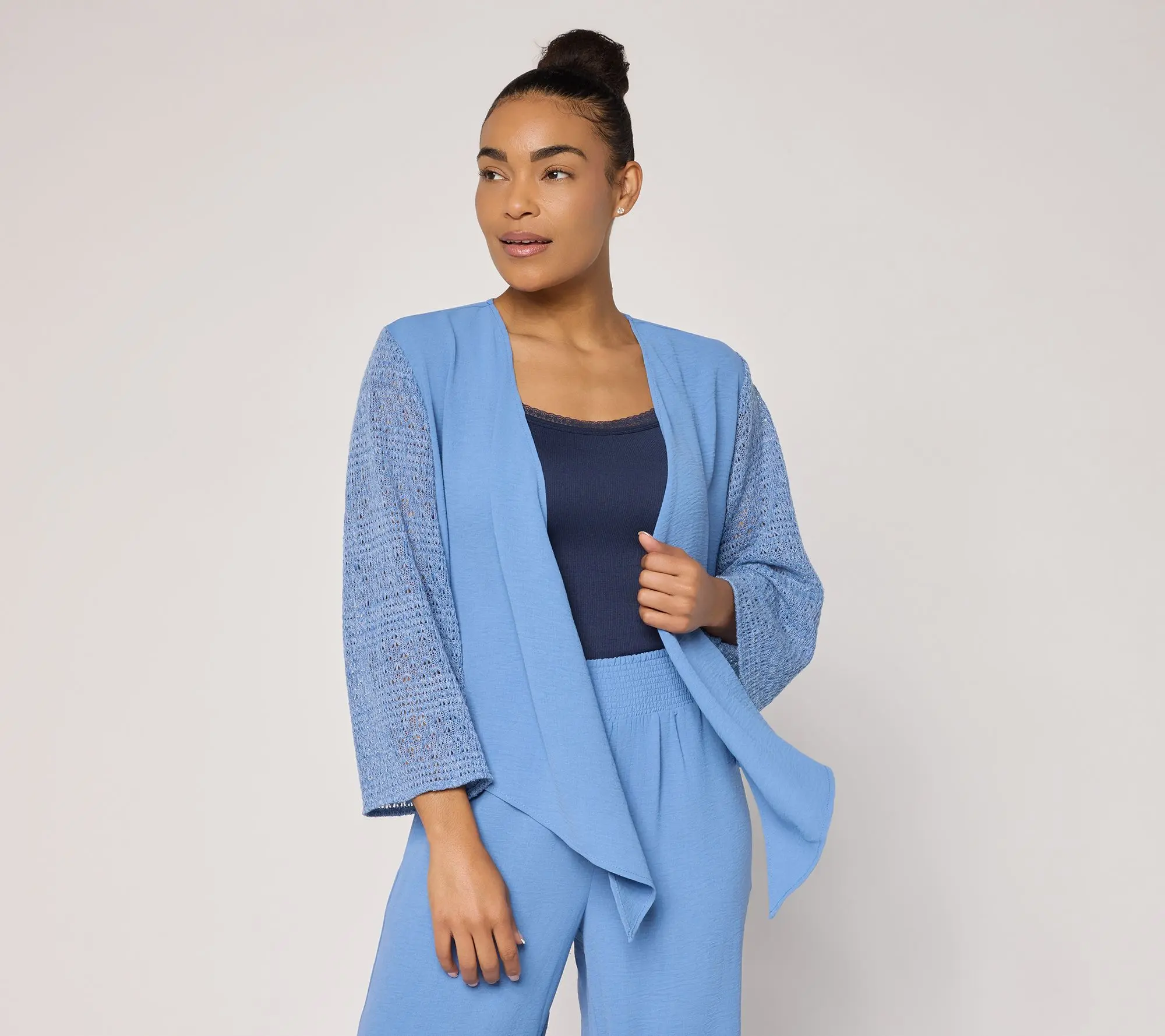 Susan Graver Weekend Woven Cardigan with Crochet Lace