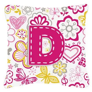 212 MAIN Letter D Floral Polyester Decorative Pillow - Pink, Butterfly-Accented, Fade-Resistant, Indoor/Outdoor Soft Furnishing Cushion, Bedroom Decorative Accessories