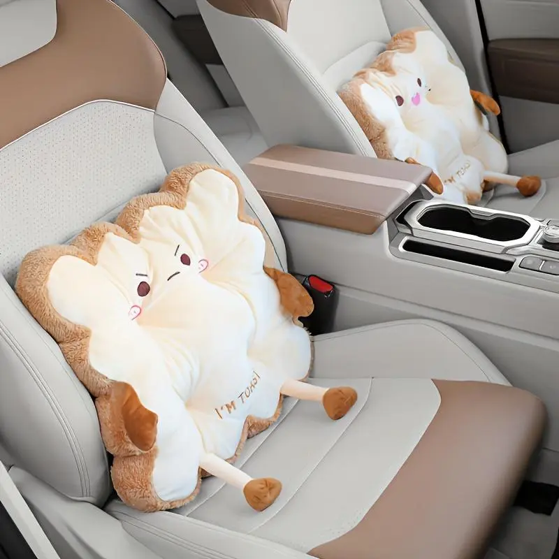 Cute Cartoon Toast-Shape Fuzzy Fabric Car Seat Cushion - Anti-Fatigue Pad, Furry Headrest Protector, Universal Cute Car Decor & Accessories, Car Accessories