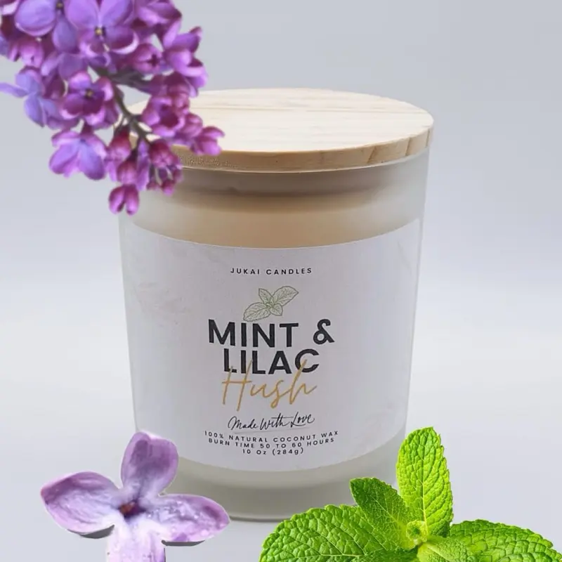 Jukai Mint and Lilac Hush 10 Oz Scented Candle - 100% Natural Coconut Wax - Made with Love - Aromatic Scented Candle Perfume Decor Ornaments Decoration