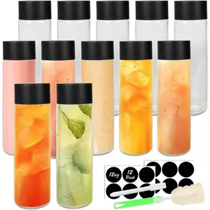 12Pack 12oz Glass Water Bottles with Lids, 350 ml Empty Glass Juice Bottles with Black Caps, Reusable Drink Containers Drinking Jars for Juicing, Milk, Beverages, Smoothies