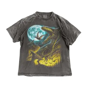 Retro Pterodactyl Washed Shirt, Vintage Dinosaur Jurassic Graphic T-Shirt, Retro 90s Grunge Clothing, Moonlight Prehistoric Tee-  Unisex S-3XL - Menswear & Womenswear - Streetwear Tops - Casual Cotton Crewneck Shortsleeve Tshirt
