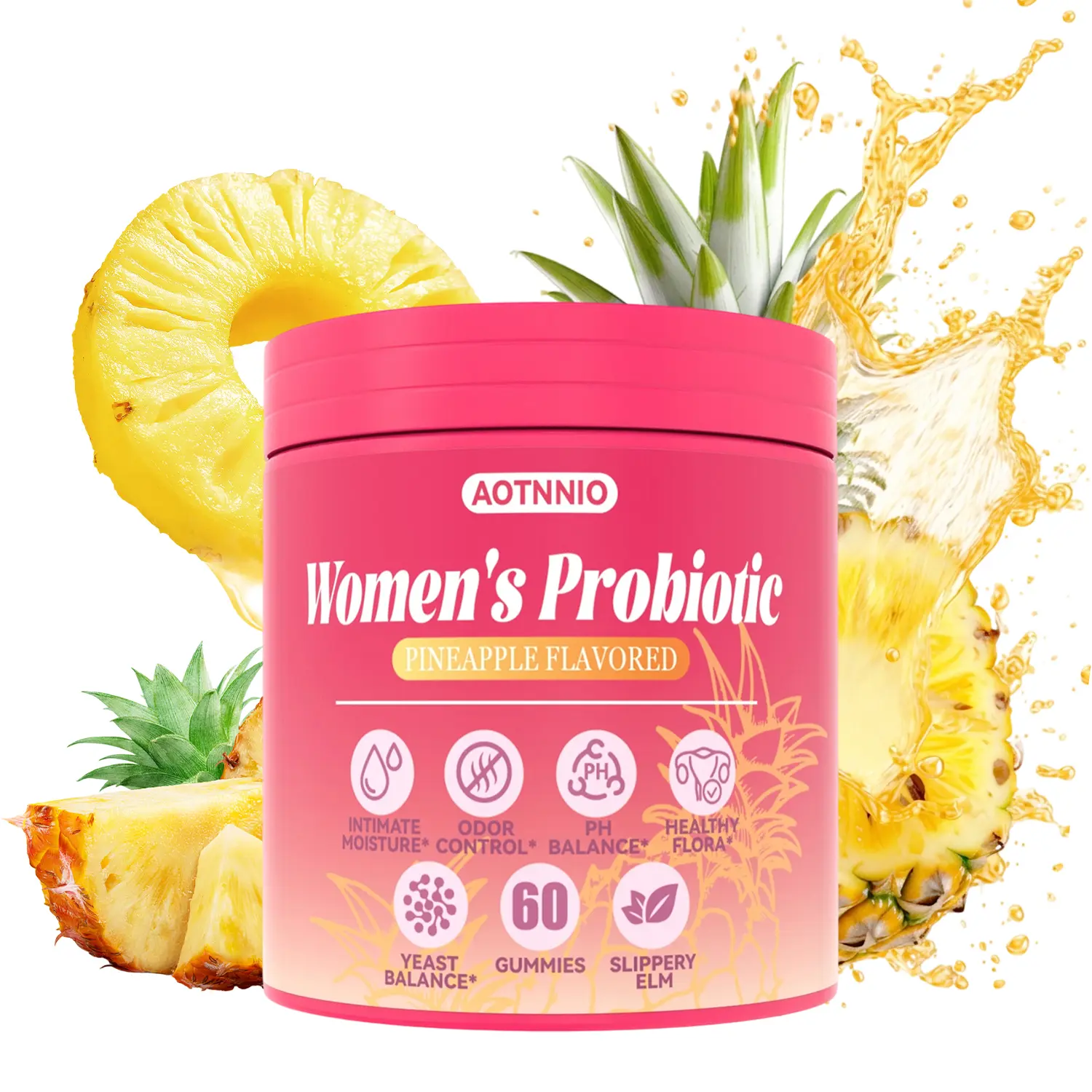 Feminine  Probiotic Gummies for Women - Pineapple Flavor | With Slippery Elm Prebiotic & Lactobacillus | Daily pH Balance Support | 60 Count Summervibes