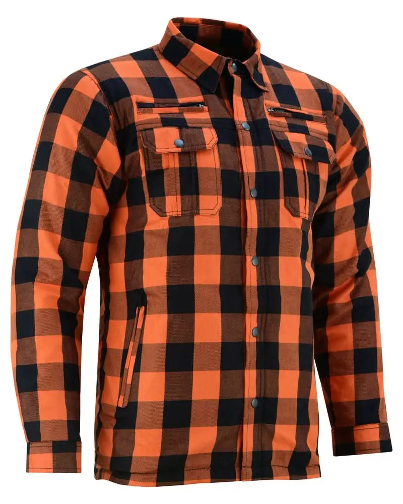 Alpha Check™ Men's Cotton Armored Motorcycle Flannel Shirt - Orange, Menswear Garment with Zipper, Pocket, Long, Tops, Kevlar, Casual, Long Sleeve, Ample Length