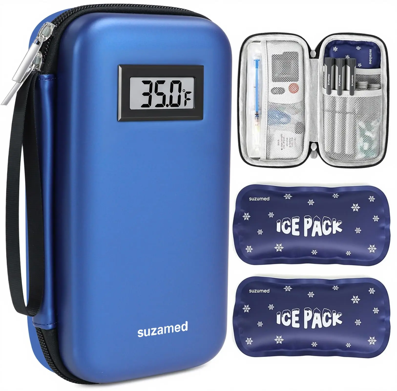 SUZAMED Insulin Cooler Travel Case - EVA Double-Layer Insulated Aluminum Foil Storage Bag with Built-in Temperature Display, Carry Handle, Durable Compartments, 2 Ice Packs for Daily Diabetic Insulin Pens Supplies, Camping, Compartmentalized