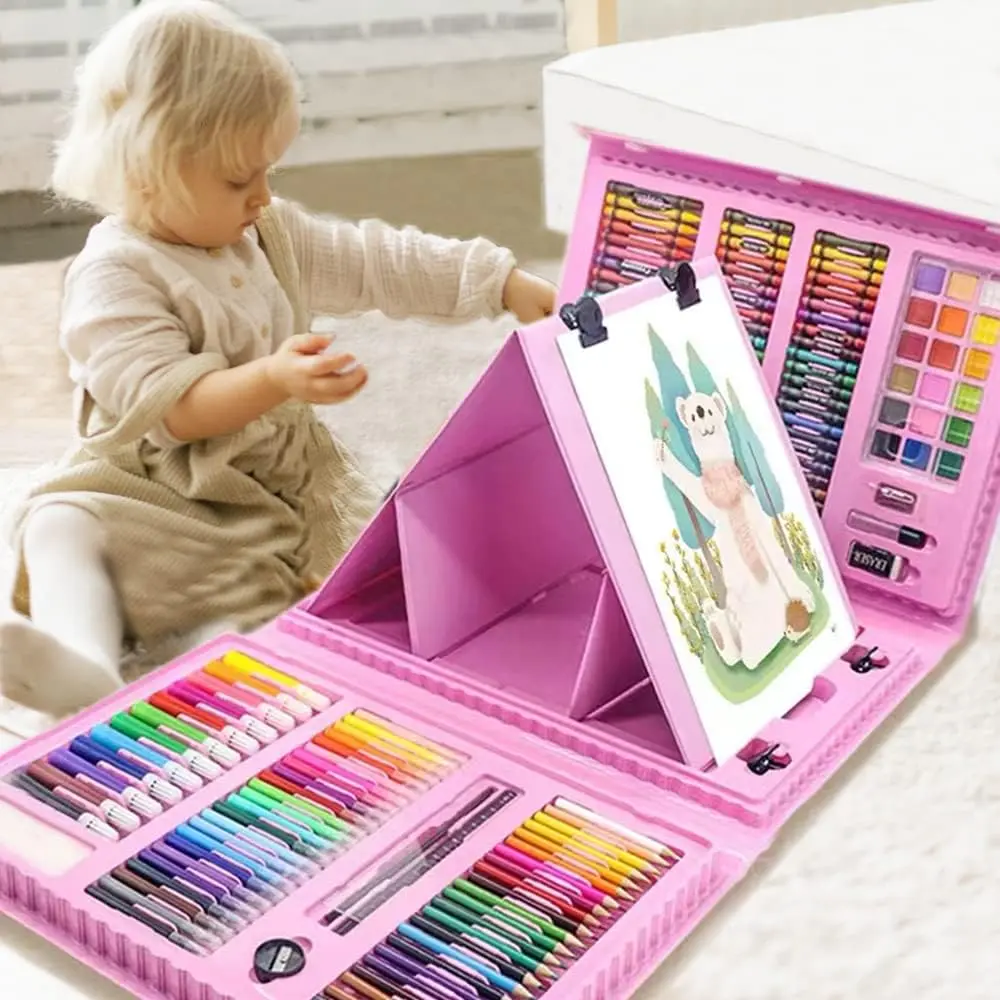 208 PCS Art Supply Set with Double-Sided Trifold Easel, Oil Pastels, Crayons, Colored Pencils, Watercolor Pens – Educational Drawing Kit Gift for Kids, Pink (Toys & Hobbies Arts & Crafts Supplies)
