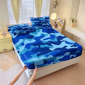 Gradient Blue Camouflage Pattern Bedding Set, Decorative Bedding Set, Featuring a Soft and Comfortable Fitted Sheet Set. Perfect for Bedrooms with a Vibrant, Nautical, or Military Aesthetic, Suitable for All Seasons.