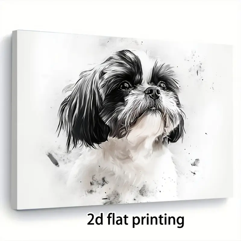 1 Piece Shih Tzu Portrait Canvas Wall Art with Wooden Frame - Black and White Modern Decoration, Suitable for Living Room, Bedroom or Bathroom, Unique Gift Idea, Country Style/Modern Style, Indoor Hanging Art, Cute Room Decoration, Two-Dimensional Art, Pe