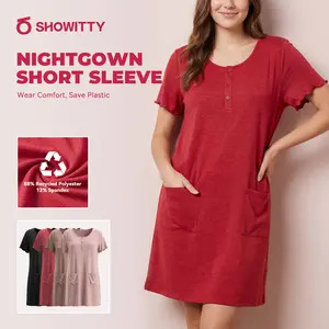 SHOWITTY Short Sleeve Henley Nightgown for Women, Soft & Breathable Sleep Shirt Dress with Pockets, Eco-Friendly Stretch Loungewear
