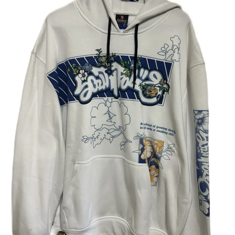 SouthPole White Graphic Hoodie with Unique Floral and Cartoon Designs on Front and Sleeves - Size XL