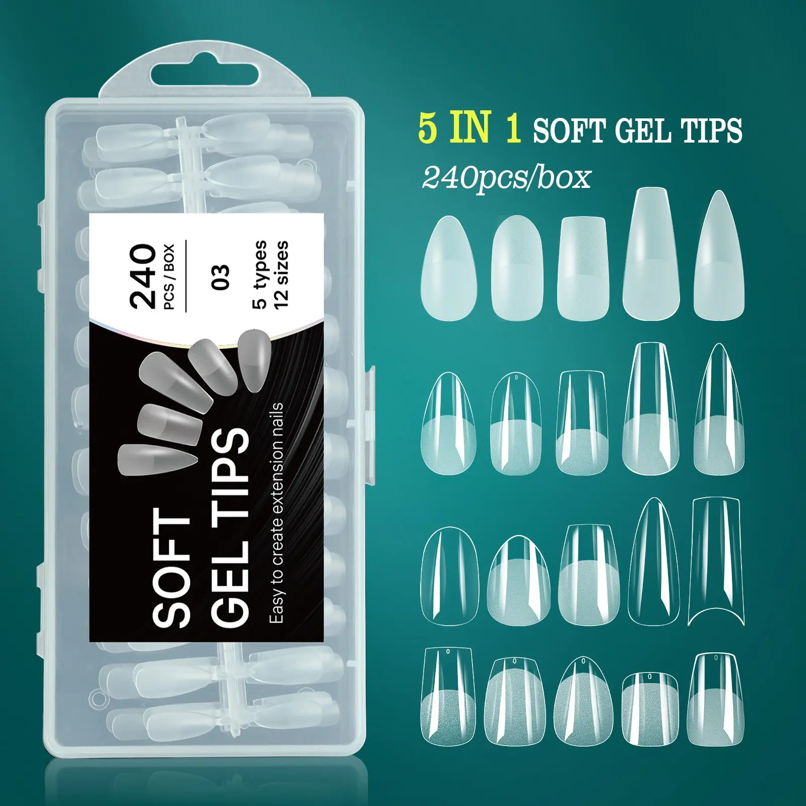 240pcs/Box 5‑in‑1 Press On Nail Tips Fake Nails Extensions,Long Coffin Stiletto/Medium Almond Square Oval Shape False, 12 Sizes Clear Matte Ultra‑Thin Seamless Acrylic Gel Nail Extension Tips for DIY Manicure Home Nail Art Salon Supplies