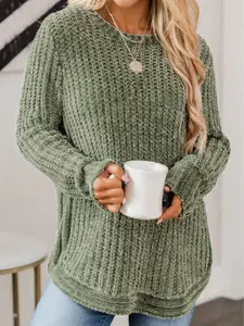 Green Long Sleeve Round Hem Cable Knit Sweater