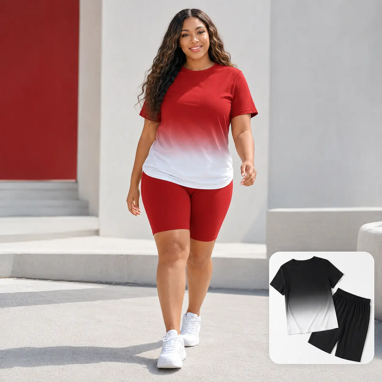 Women’s Plus Size Activewear Set, Ombre Short Sleeve T-Shirt and High Waist Biker Shorts, Casual Athletic Outfit for Walking, Workout and Outdoor Wear