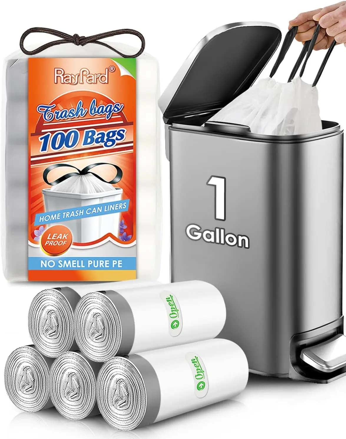 100 Count 1-Gallon Mini Trash Bags with Drawstring, White Garbage Can Liners for 3–4 Liter Small Bins