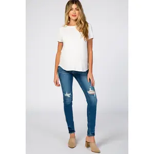 Blue Distressed Side Insert Maternity Jeans